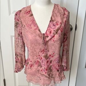 Anne Carson Blush Pink Rose Print Romantic Silk Long Sleeve Blouse